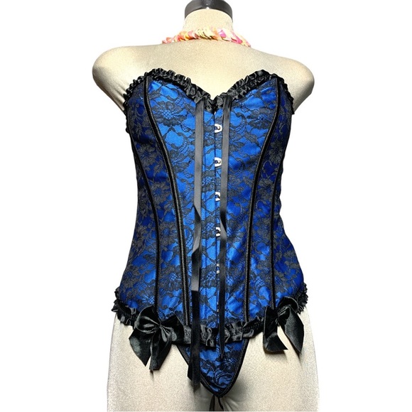 *NEW*Gorgeous Sexy Blue and Black Women Bustier Corset  Set Lace Up Bone… - Picture 7 of 17